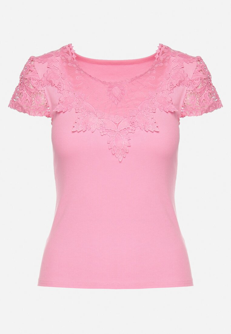 Różowy T-shirt Koszulka z Ozdobną Koronkową Wstawką Clilada