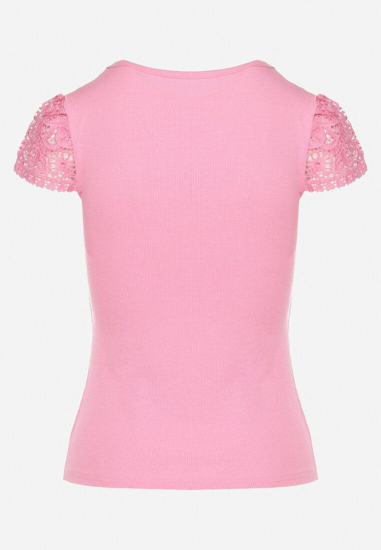 Różowy T-shirt Koszulka z Ozdobną Koronkową Wstawką Clilada