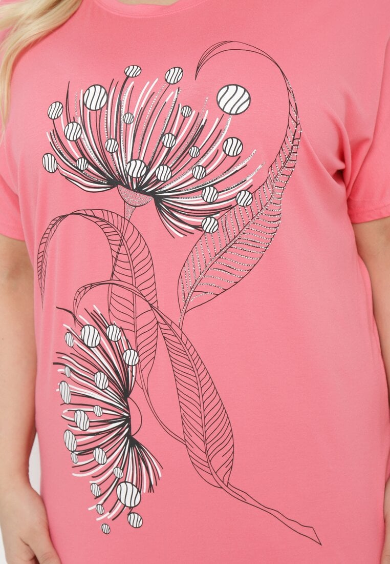 Różowy T-shirt z Ozdobnym Nadrukiem i Cyrkoniami Colilena