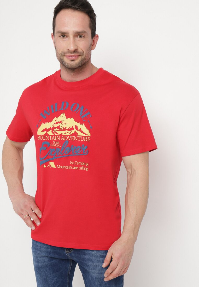 Czerwona  Bawełniana Koszulka z Krótkim Rękawem i Nadrukiem Ronneli