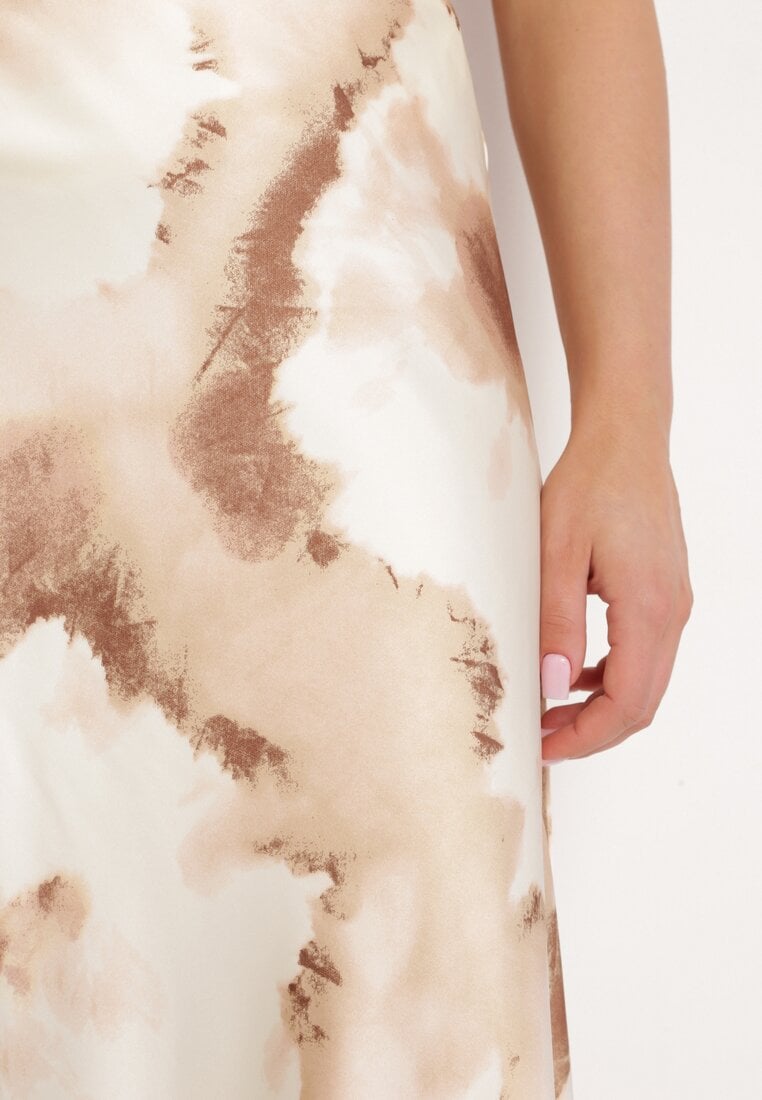 Beżowa Spódnica Rozkloszowana z Satyny w Abstrakcyjny Print Lexasa