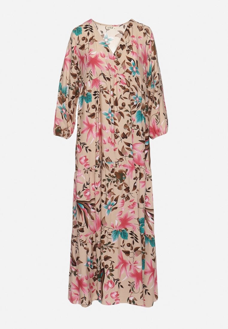 Beżowo-Różowa Wiskozowa Sukienka z Kopertowym Dekoltem i Falbanką Nrinesa