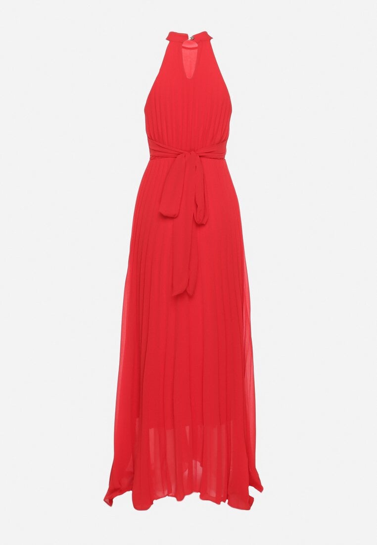 Czerwona Plisowana Sukienka Maxi z Gumką w Pasie i Rozkloszowanym Dołem Tehe