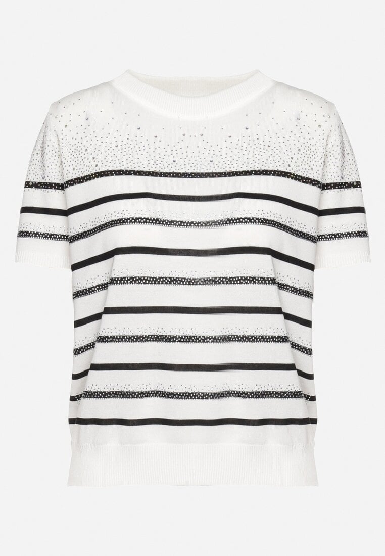 Biało-Czarny Wiskozowy T-shirt w Paski z Cyrkoniami Pionelle