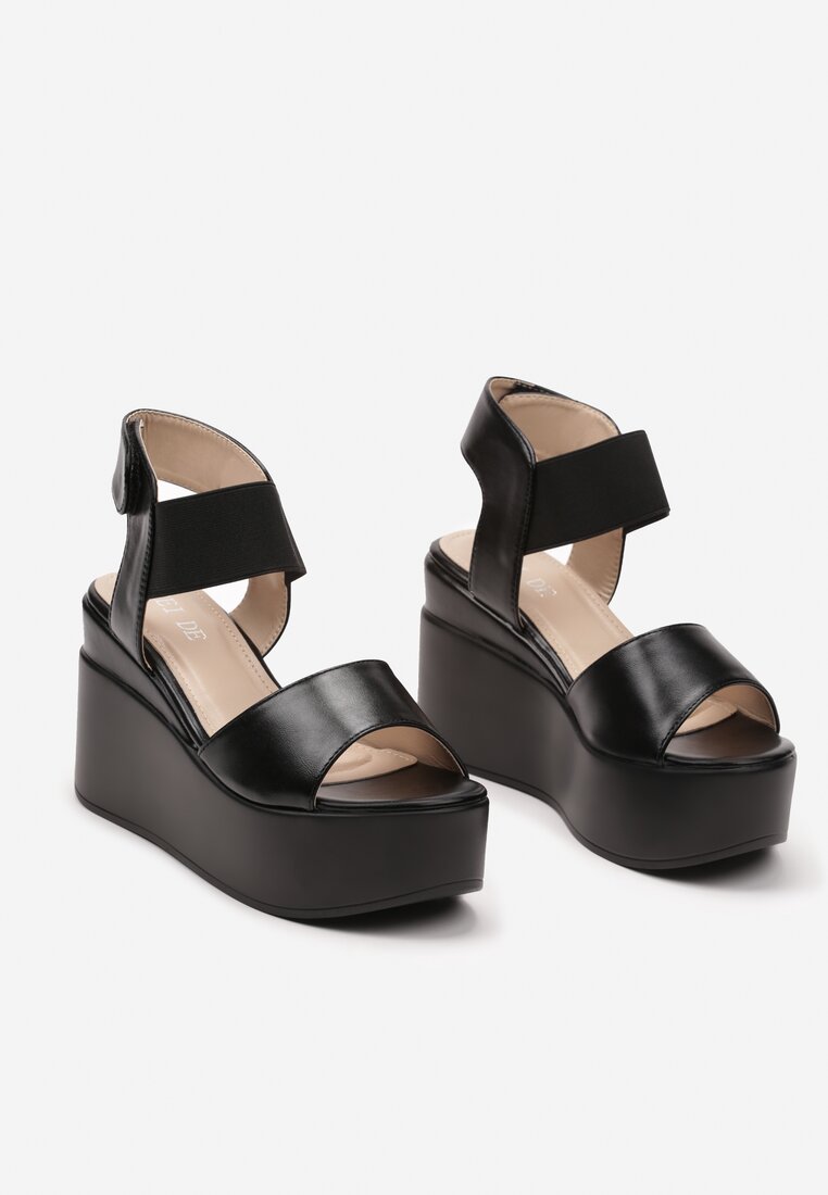 Czarne Klasyczne Sandały na Koturnie na Rzep Diorella