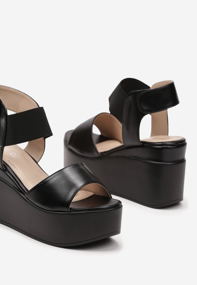 Czarne Klasyczne Sandały na Koturnie na Rzep Diorella