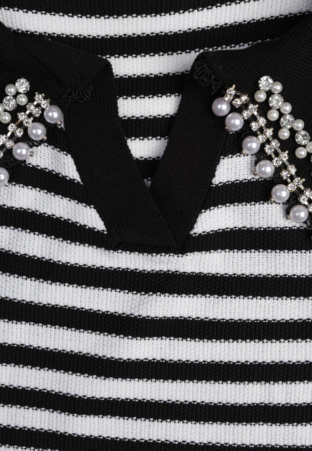 Czarno-Biała Bluzka w Paski z Wiskozy Kołnierzyk Ozdobiony Cyrkoniami i Perełkami Lexara