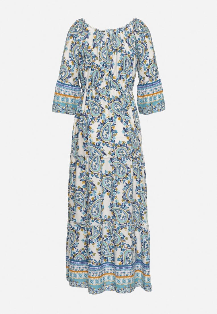 Niebieska Sukienka Bawełniana Hiszpanka Ozdobiona Wzorem Paisley z Gumką w Pasie Vatina