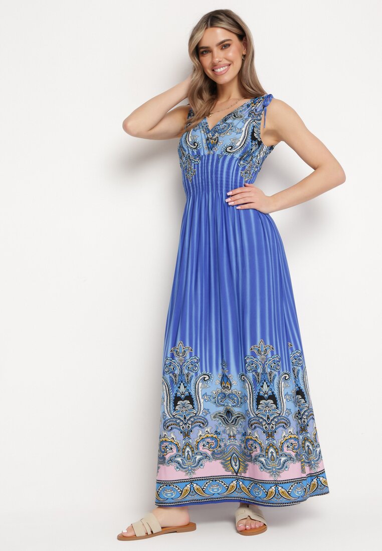Niebieska Sukienka z Troczkami w Ramionach Rozkloszowana z Dekoltem w V Araxeda