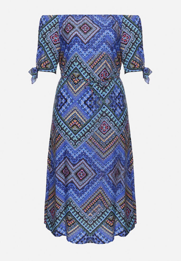 Niebieska Bawełniana Sukienka z Hiszpańskim Dekoltem Rozkloszowana z Materiałowym Paskiem Dacella