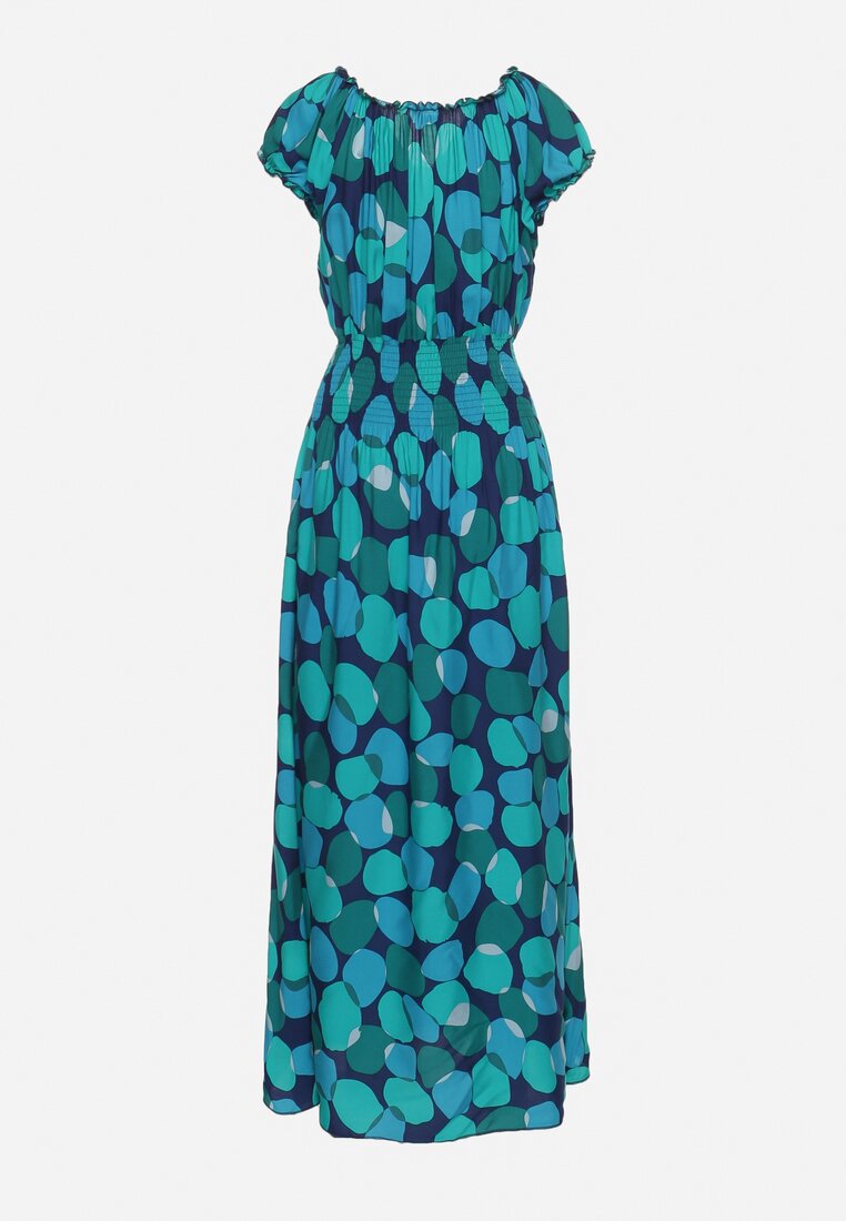 Zielono-Niebieska Bawełniana Sukienka z Gumką Przy Dekolcie i w Talii Pietricea