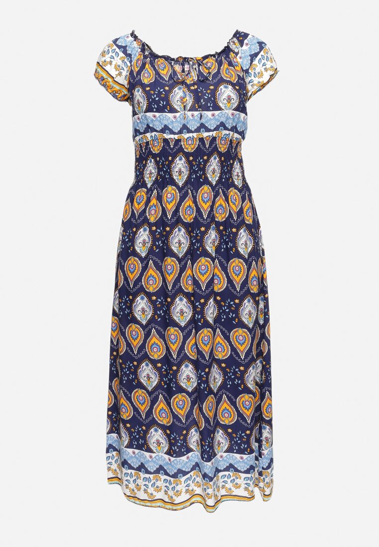 Granatowa Sukienka Bawełniana z Gumką w Talii i Mozaikowym Wzorem Vestra