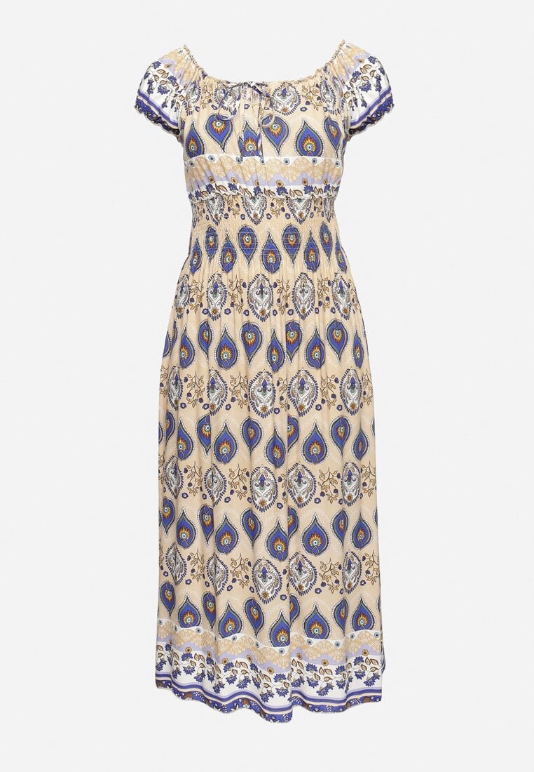 Beżowo-Niebieska Sukienka Bawełniana z Gumką w Talii i Mozaikowym Wzorem Vestra