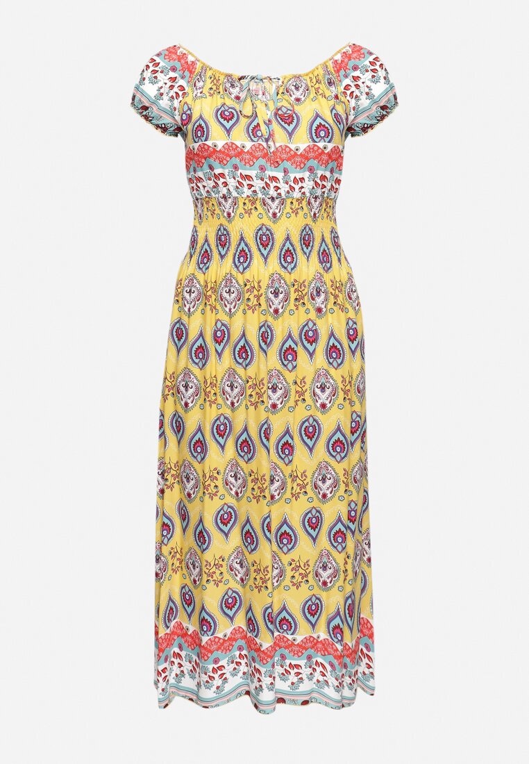 Żółta Sukienka Bawełniana z Gumką w Talii i Mozaikowym Wzorem Vestra