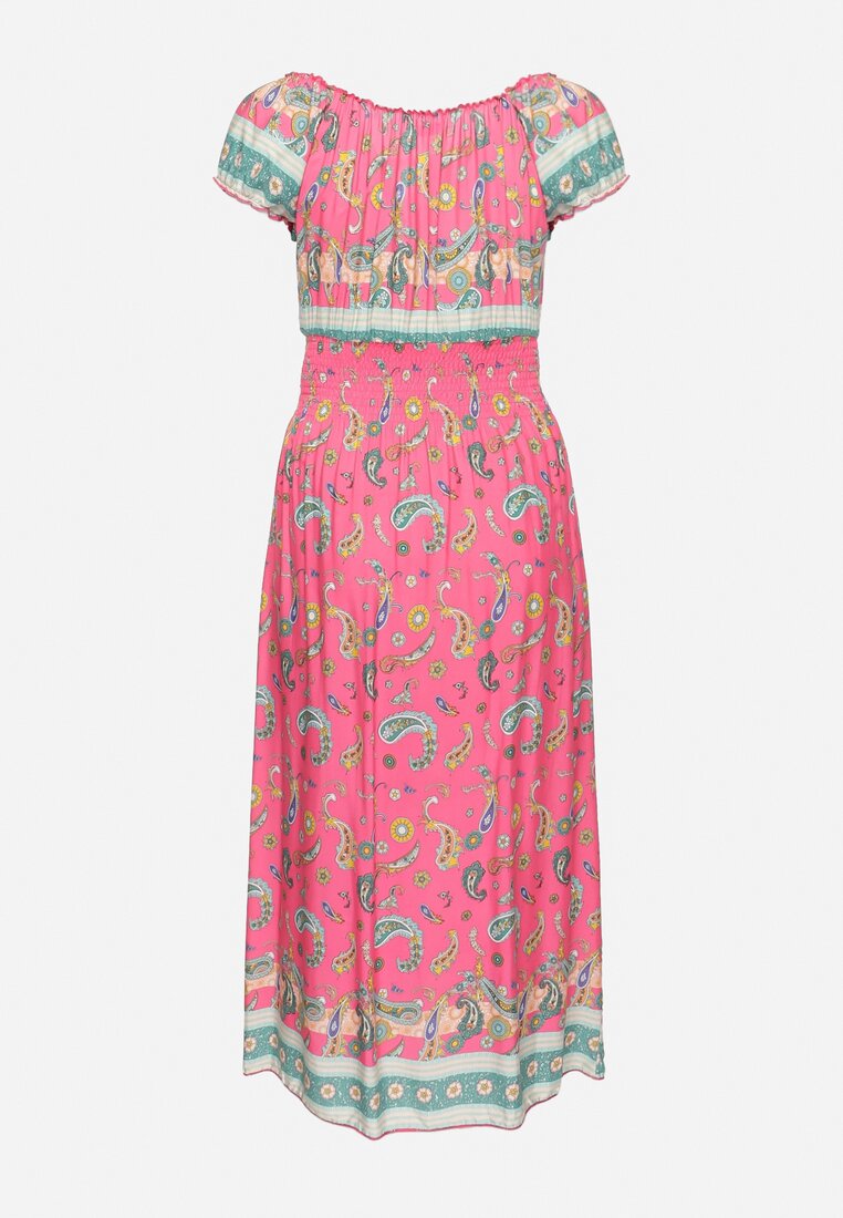 Różowa Sukienka na Lato Bawełniana Hiszpanka z Wzorem Paisley i Gumką w Pasie Vediana