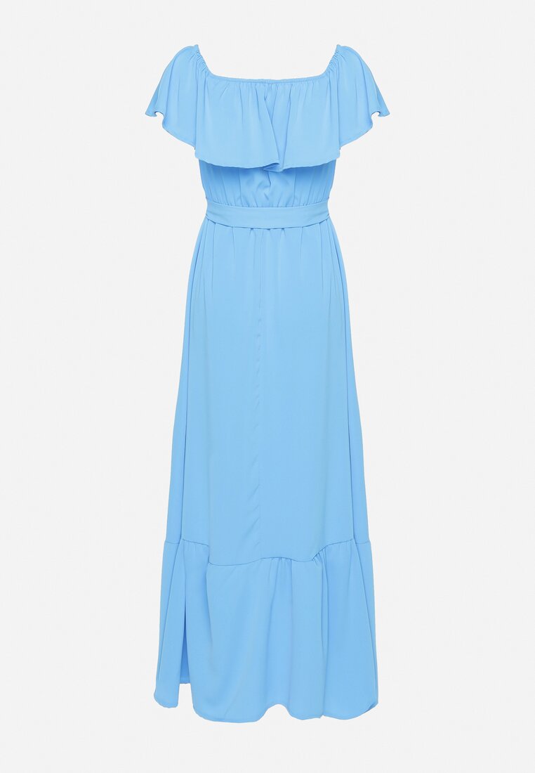 Niebieska Sukienka o Rozkloszowanym Fasonie z Hiszpańskim Dekoltem i Materiałowym Paskiem Nacara