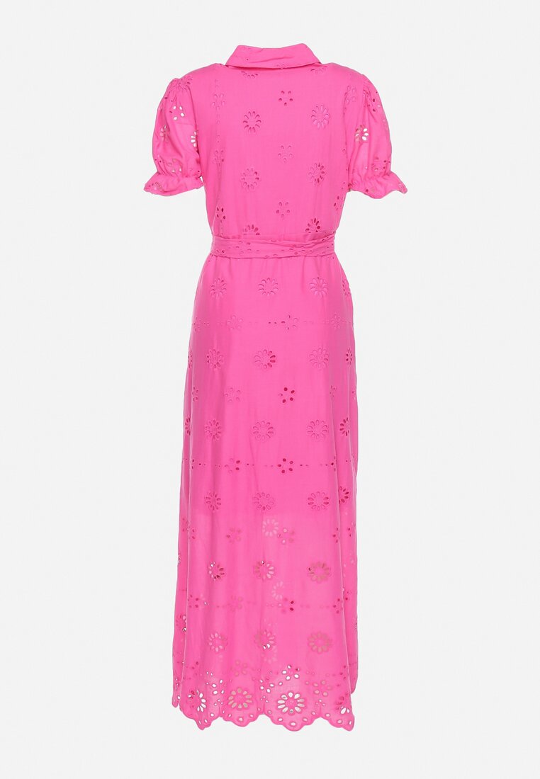 Różowa Koszulowa Sukienka z Ażurowym Haftem i Bufiastymi Rękawami Lieve