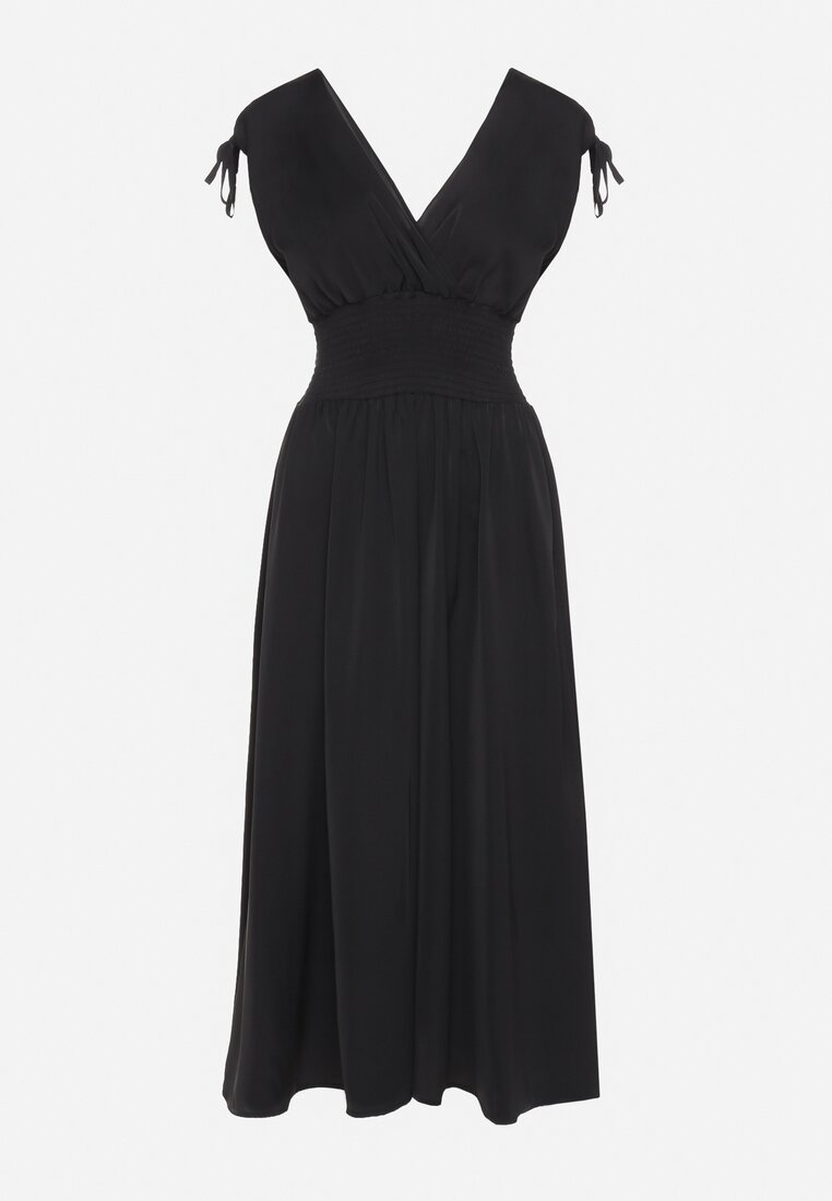 Czarna Sukienka z Kopertowym Dekoltem na Cienkich Ramiączkach Rozkloszowana Lantia