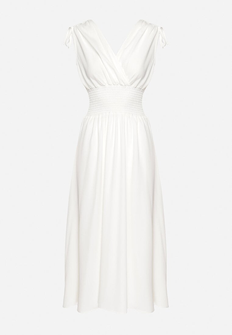 Biała Sukienka z Kopertowym Dekoltem na Cienkich Ramiączkach Rozkloszowana Lantia