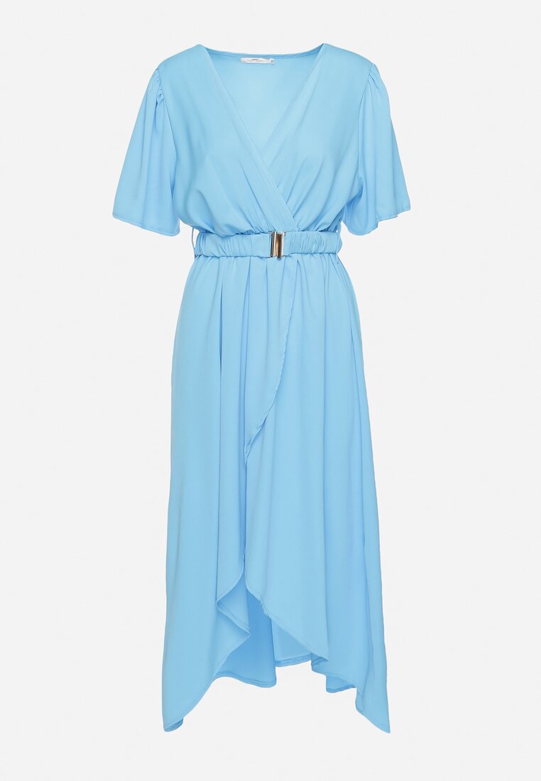 Niebieska Rozkloszowana Sukienka Kopertowa z Gumką w Talii i Ozdobnym Paskiem Vasena