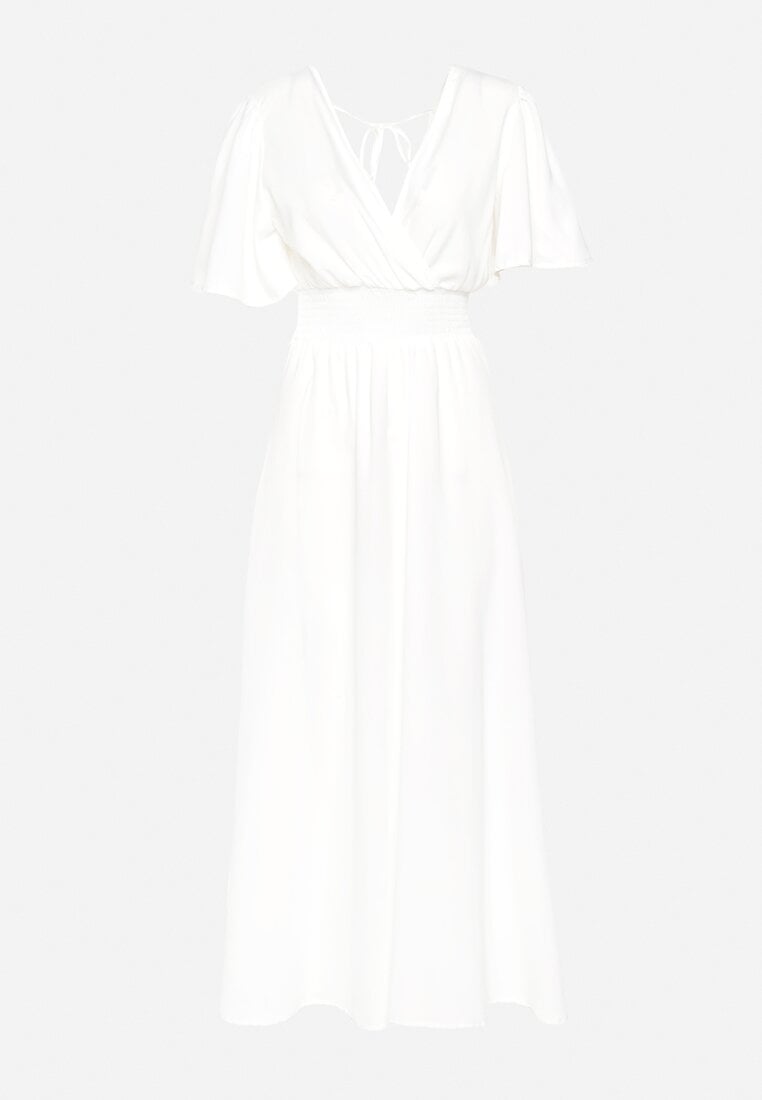 Biała Sukienka z Rozkloszowanymi Rękawami Gumką w Pasie i Wiązaniem na Plecach Larielle