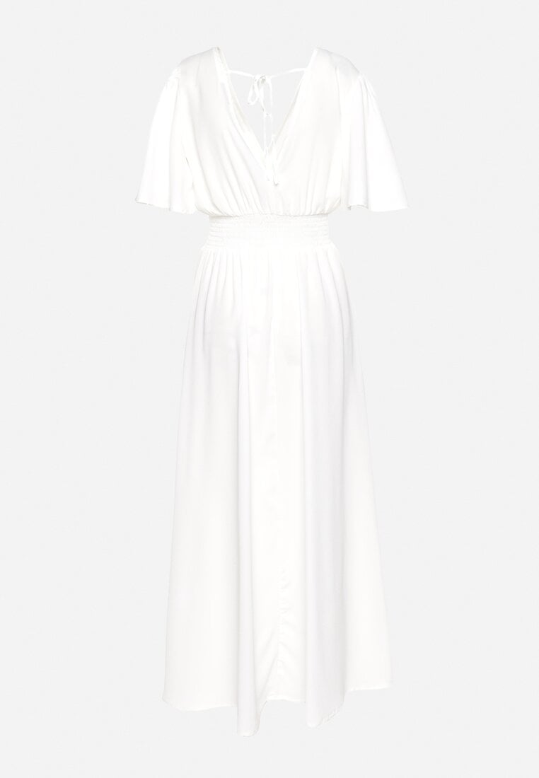 Biała Sukienka z Rozkloszowanymi Rękawami Gumką w Pasie i Wiązaniem na Plecach Larielle