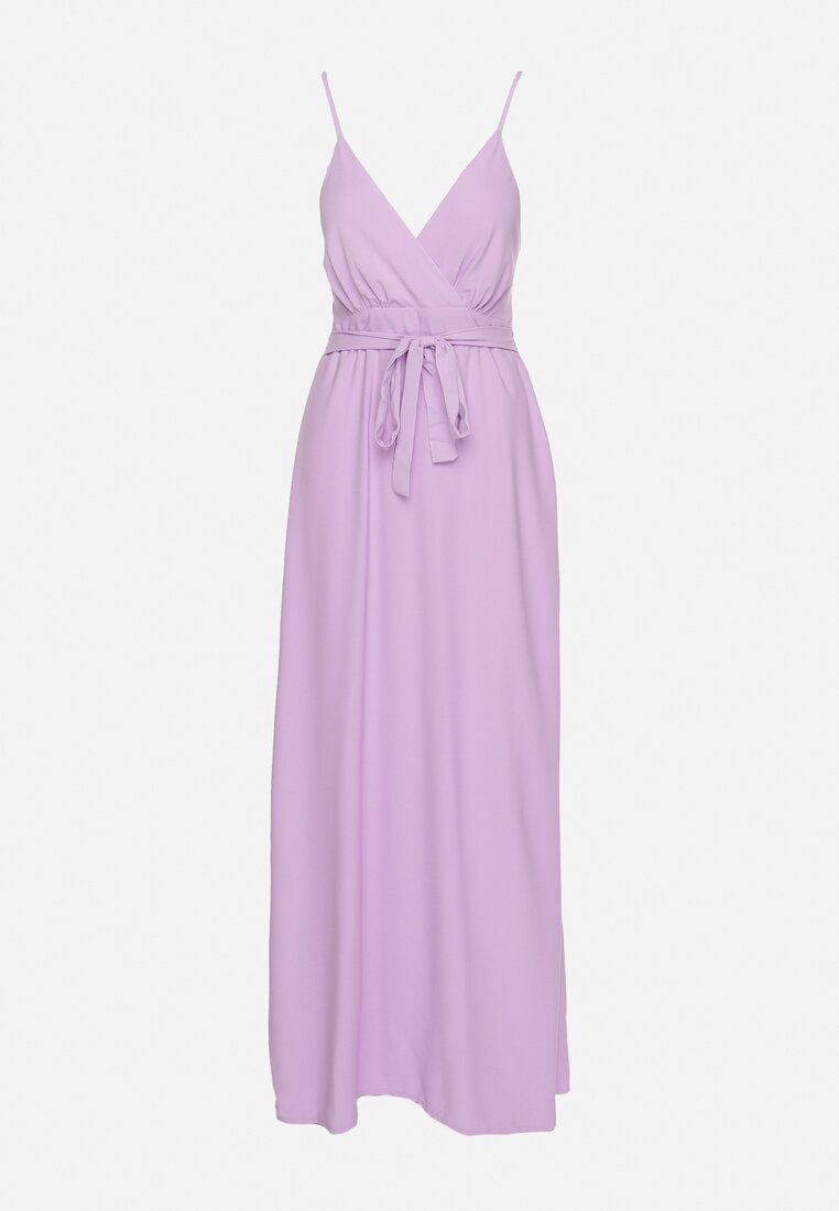 Jasnofioletowa Sukienka z Kopertowym Dekoltem na Cienkich Ramiączkach Piamena