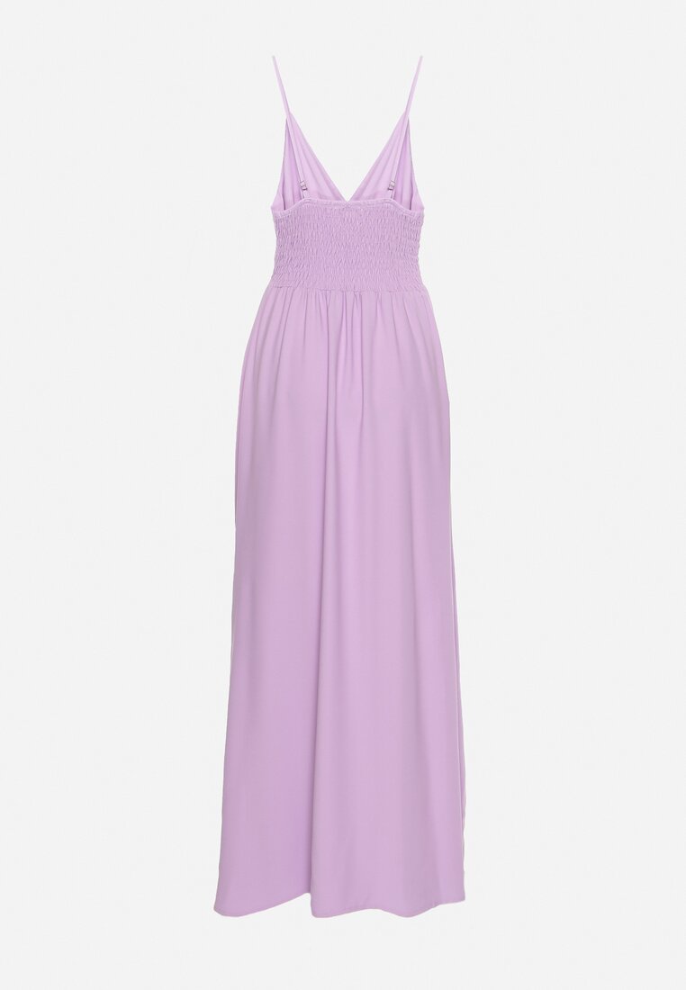 Jasnofioletowa Sukienka z Kopertowym Dekoltem na Cienkich Ramiączkach Piamena