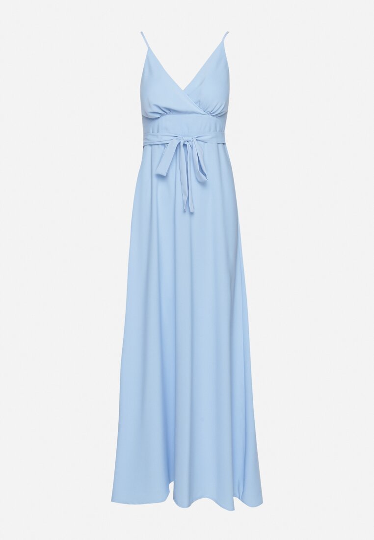 Jasnoniebieska Sukienka z Kopertowym Dekoltem na Cienkich Ramiączkach Piamena