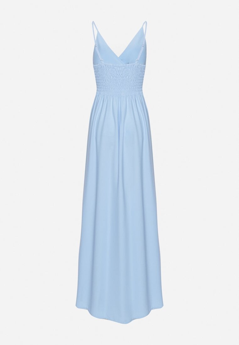 Jasnoniebieska Sukienka z Kopertowym Dekoltem na Cienkich Ramiączkach Piamena
