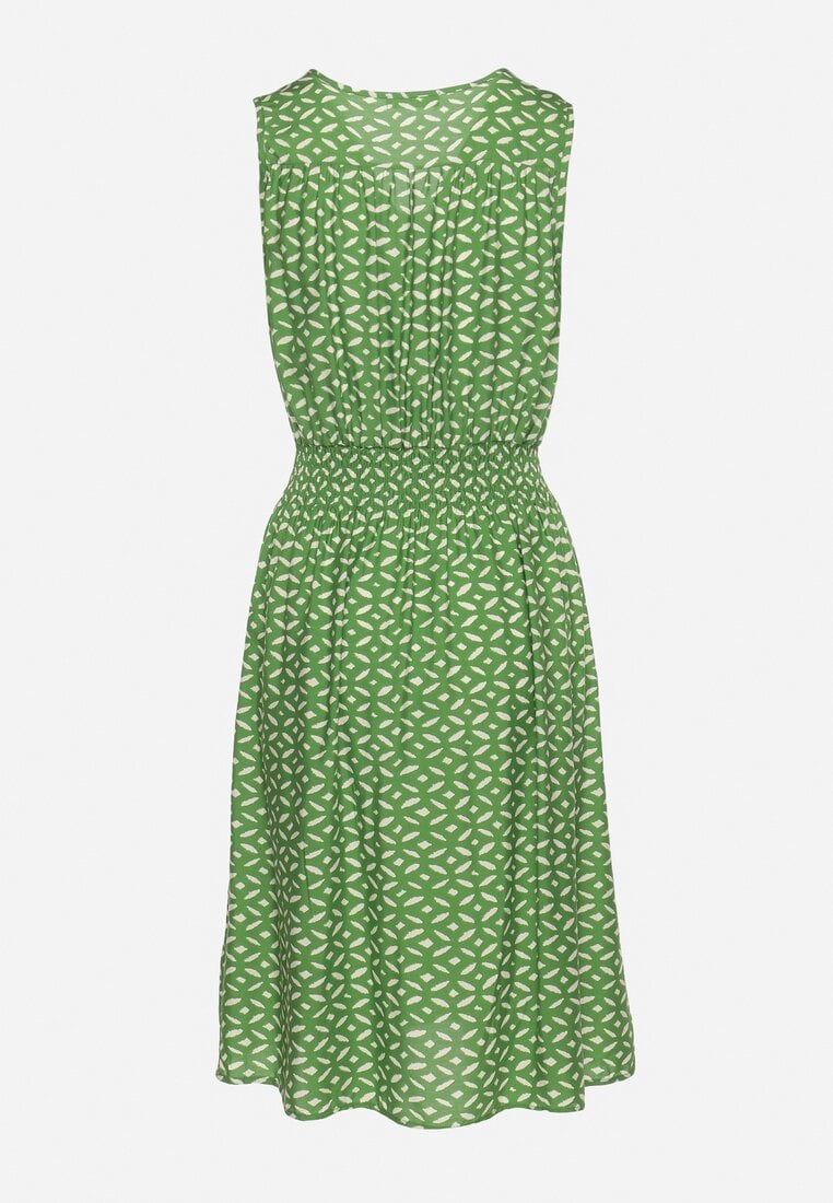 Zielona Sukienka Midi z Wiskozy z Cienkimi Gumkami w Pasie i Kopertowym Dekoltem Manni