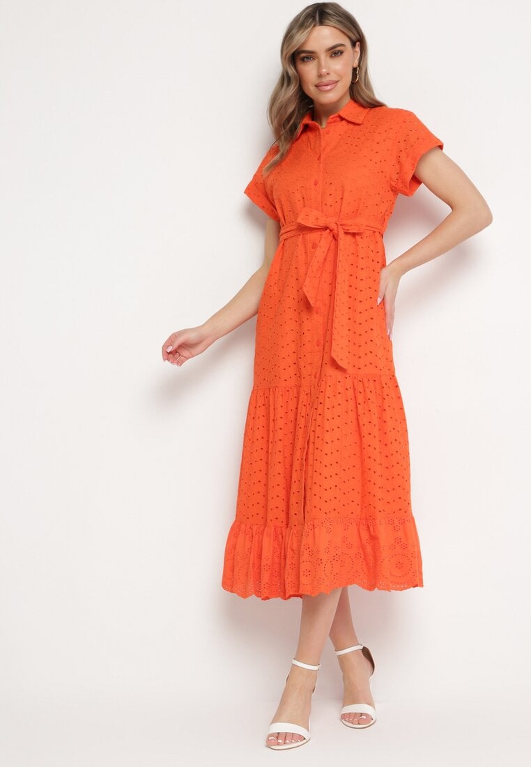 Pomarańczowa Sukienka Bawełniana z Ażurowym Wzorem i Wiązanym Paskiem Kelilena
