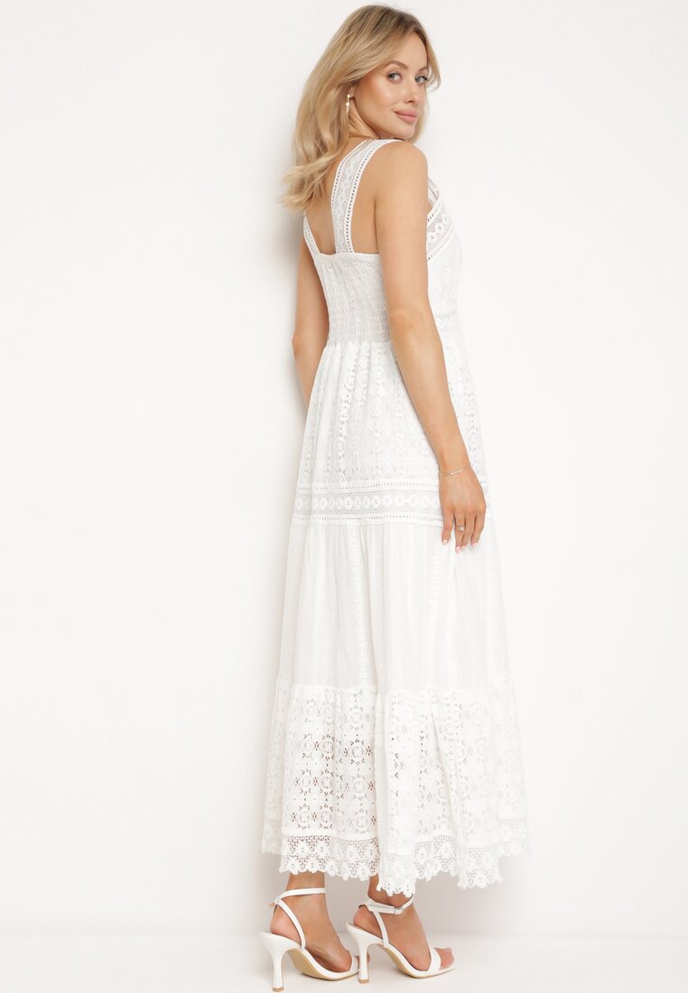 Biała Koronkowa Sukienka na Szerokich Ramiączkach z Falbanką Disella