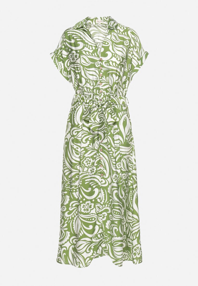 Zielona Koszulowa Sukienka Zapinana na Guziki z Gumką w Pasie z Materiałowym Paskiem Nelliara