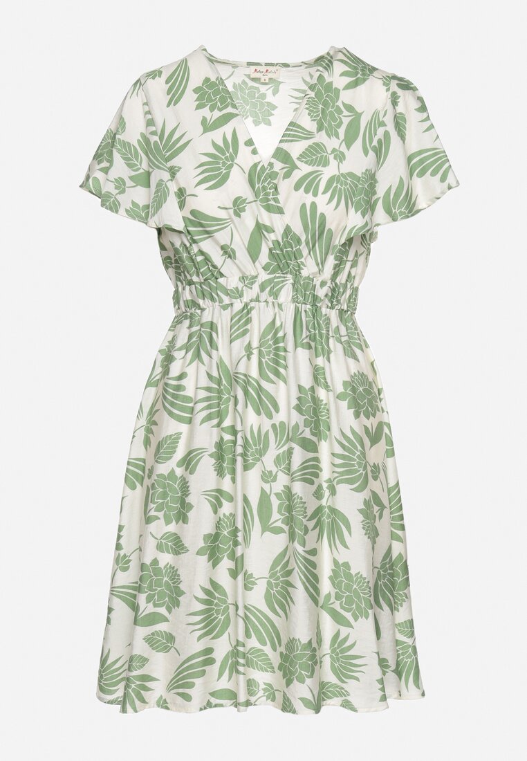 Biało-Zielona Sukienka z Kopertowym Dekoltem i Gumką w Pasie w Roślinny Wzór Nelliera