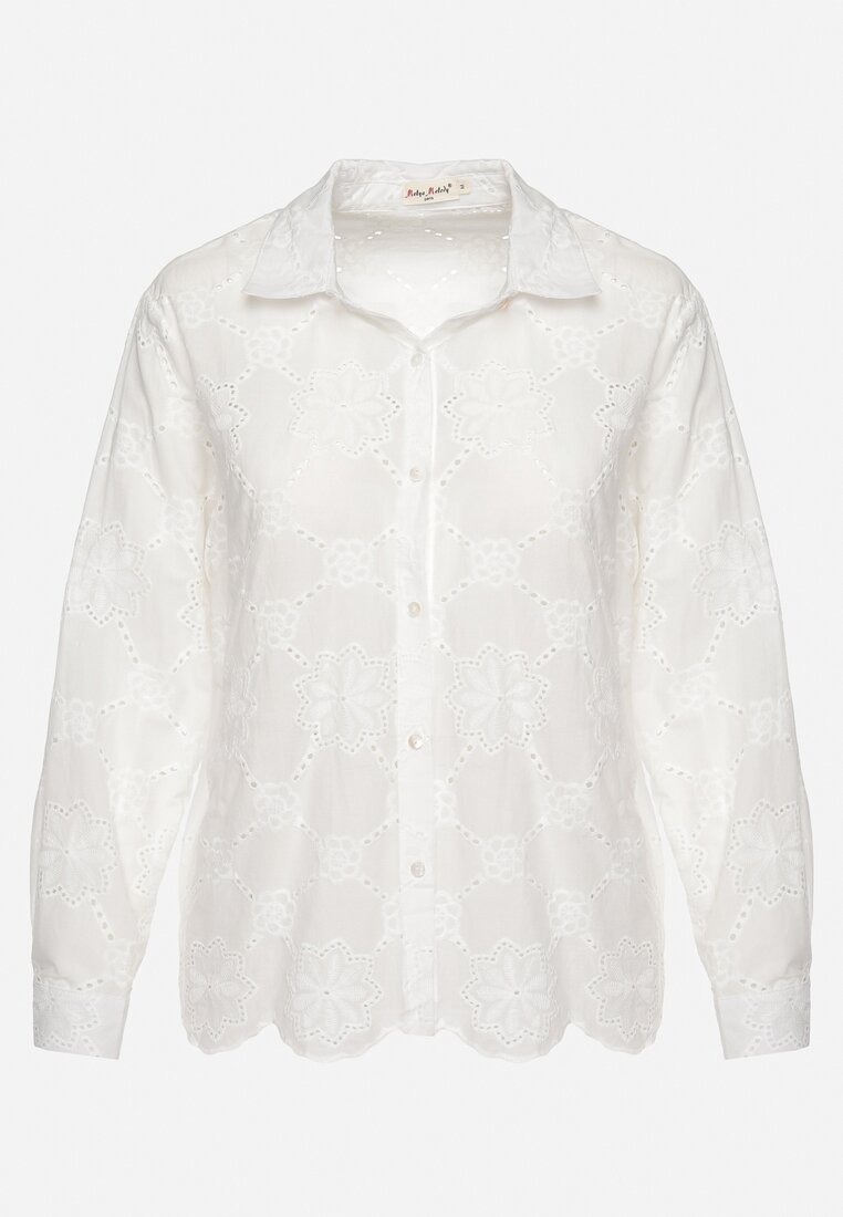 Biała Ażurowa Koszula z Bawełny Zapinana na Guziki z Ozdobnym Haftem Fioralina