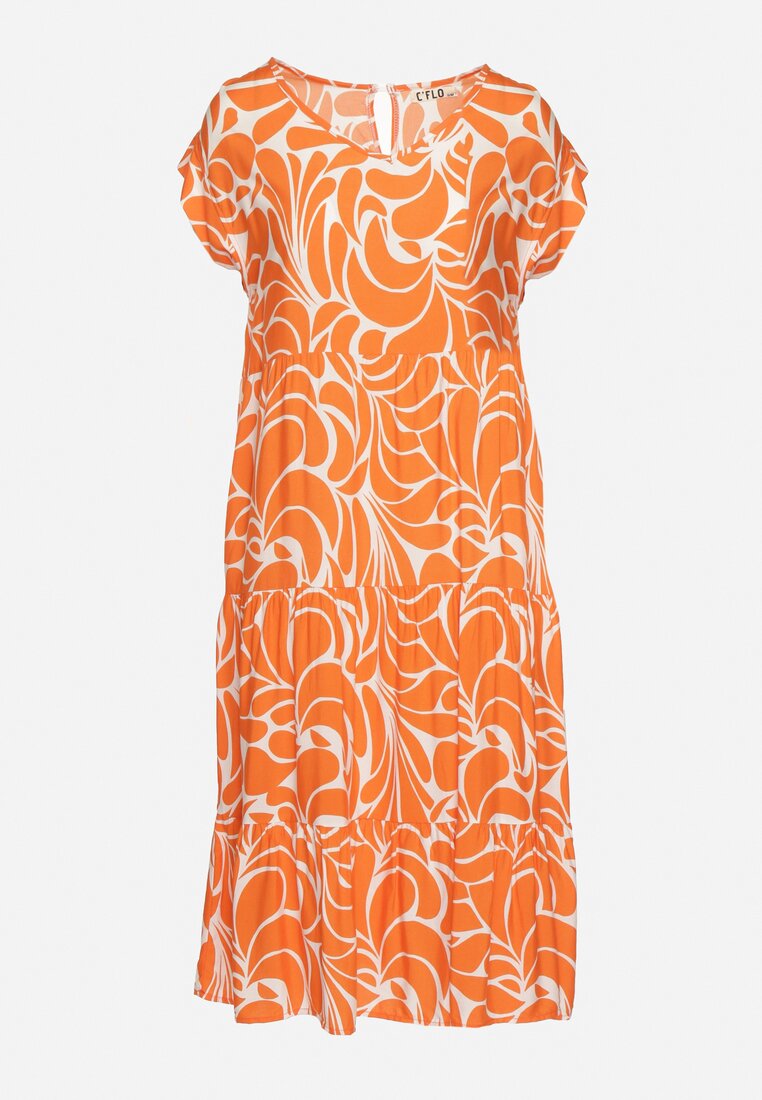 Pomarańczowa Sukienka z Szerokimi Falbanami na Dole i Krótkimi Rękawami z Wiskozy Trioa