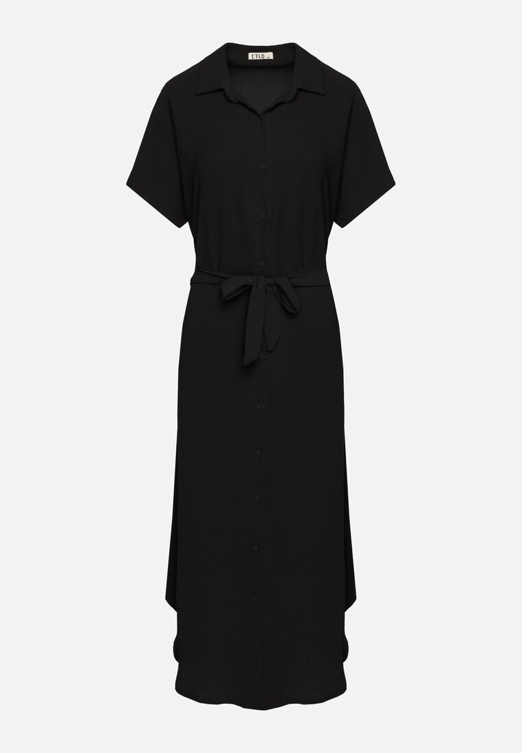 Czarna Sukienka Wiskozowa o Luźnym Koszulowym Kroju Wiązana w Talii Rionella