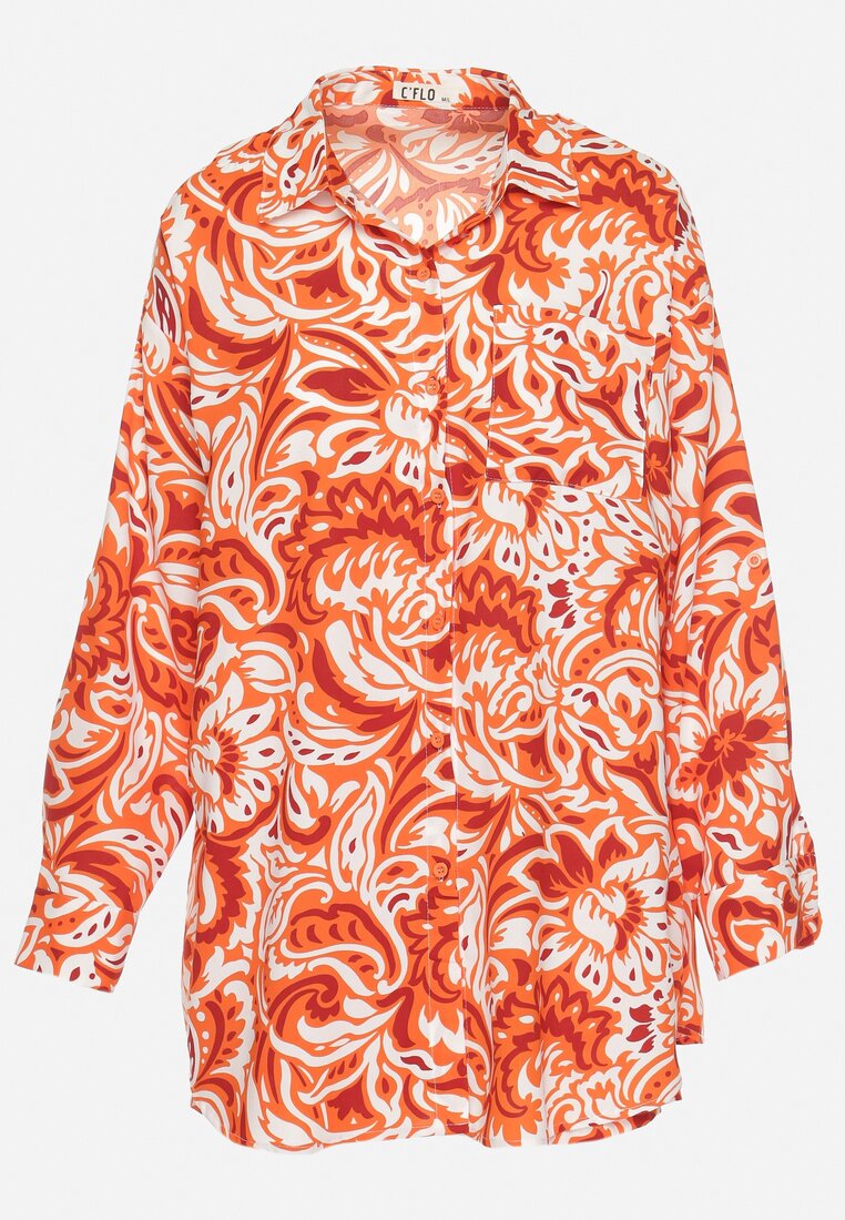 Pomarańczowy Dwuczęściowy Komplet Koszula z Regulowanym Rękawem Szorty z Gumką w Pasie Bellagrace