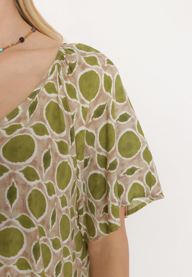 Zielona Sukienka Rozkloszowana z Mozaikowym Wzorem z Wiskozy Kaliane