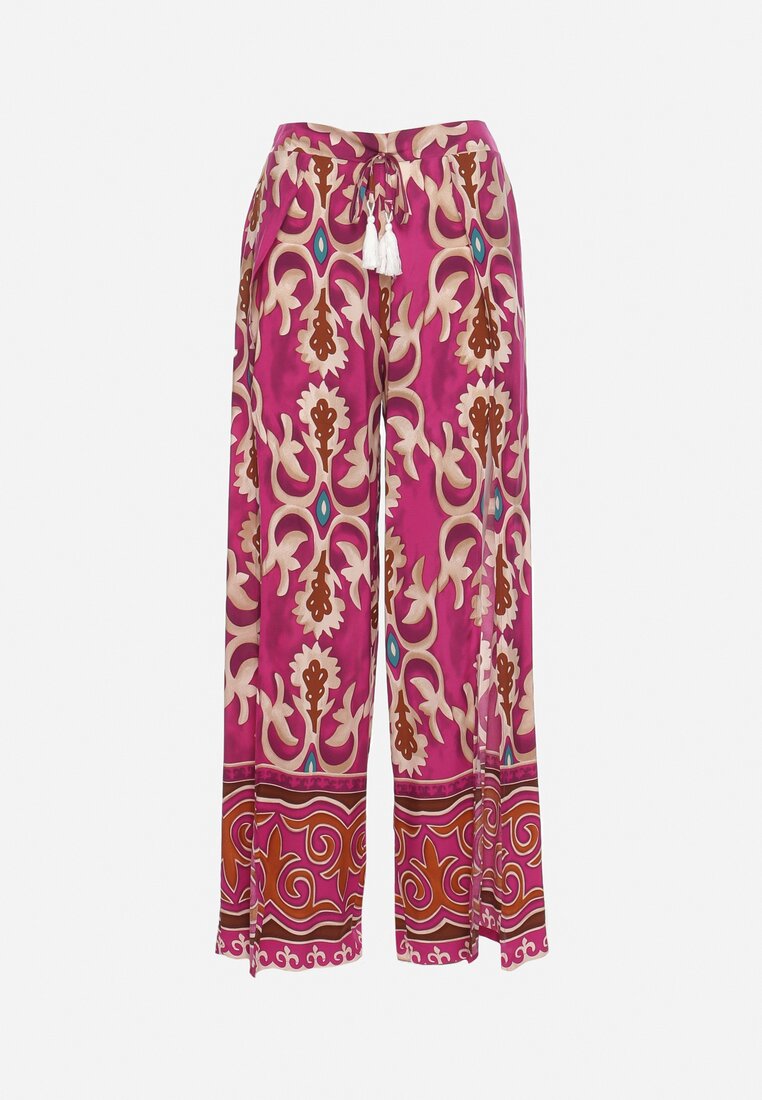 Fioletowo-Beżowe Wiskozowe Spodnie w Ornamentalny Print z Wycięciami na Szerokich Nogawkach Rioleth