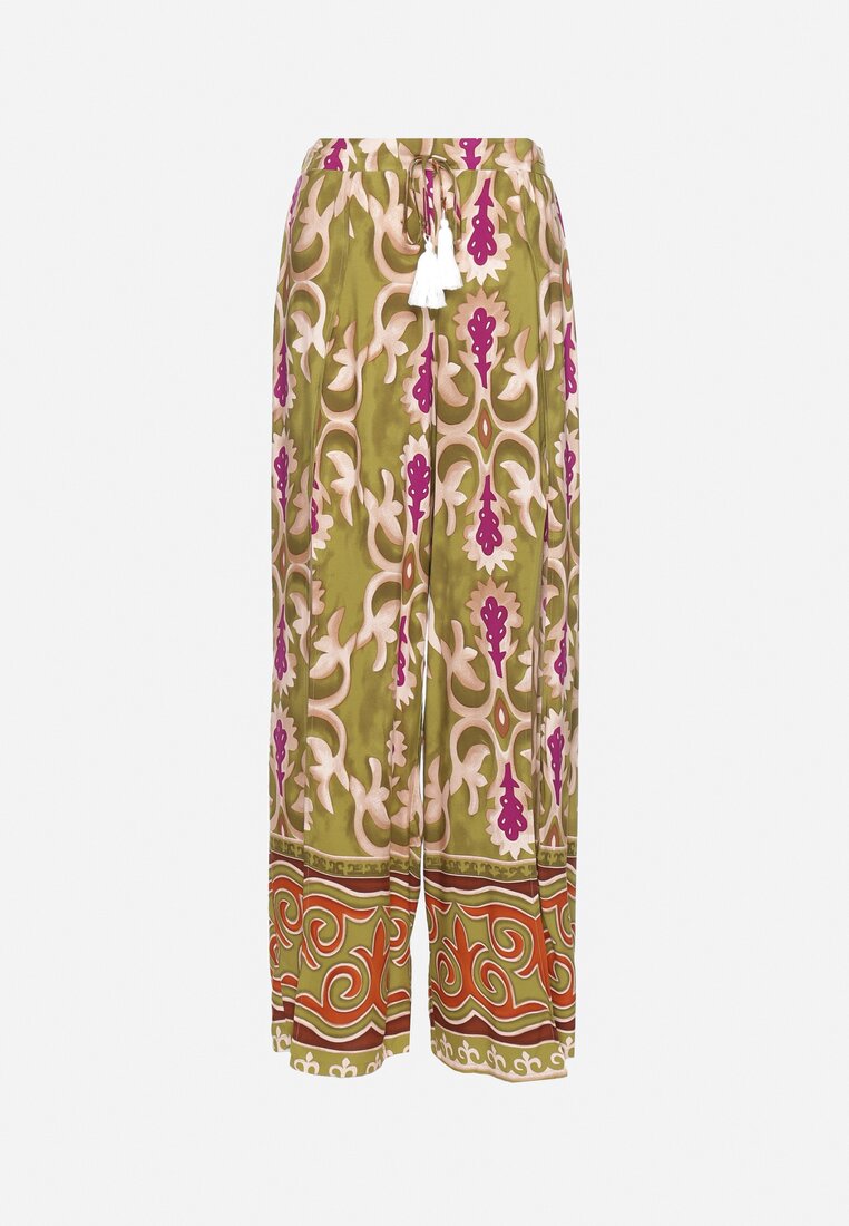 Zielono-Fioletowe Wiskozowe Spodnie w Ornamentalny Print z Wycięciami na Szerokich Nogawkach Rioleth