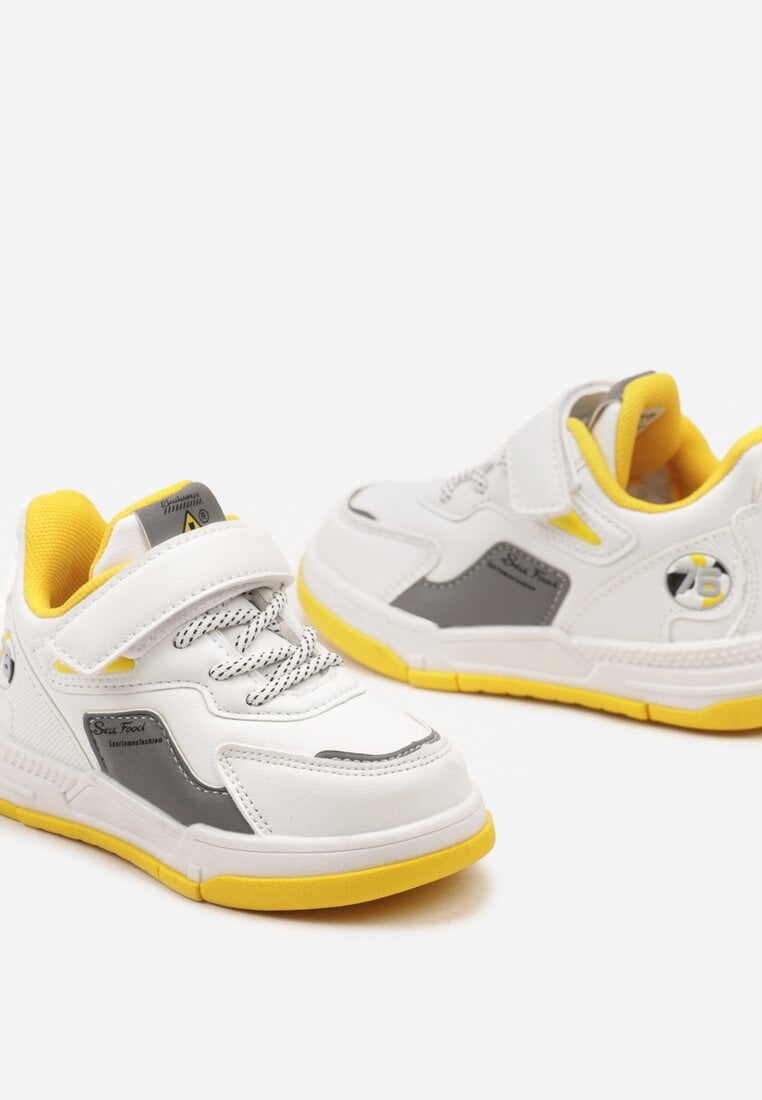Biało-Żółte Płaskie Buty Sportowe Sneakersy Zapinane na Rzep z Ozdobnym Sznurowaniem Biota