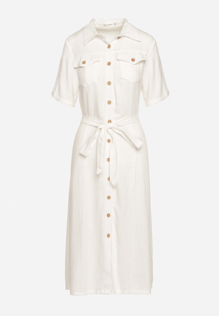Biała Koszulowa Sukienka z Wiskozy z Lnem Zapinana na Guziki z Materiałowym Paskiem Fidilla