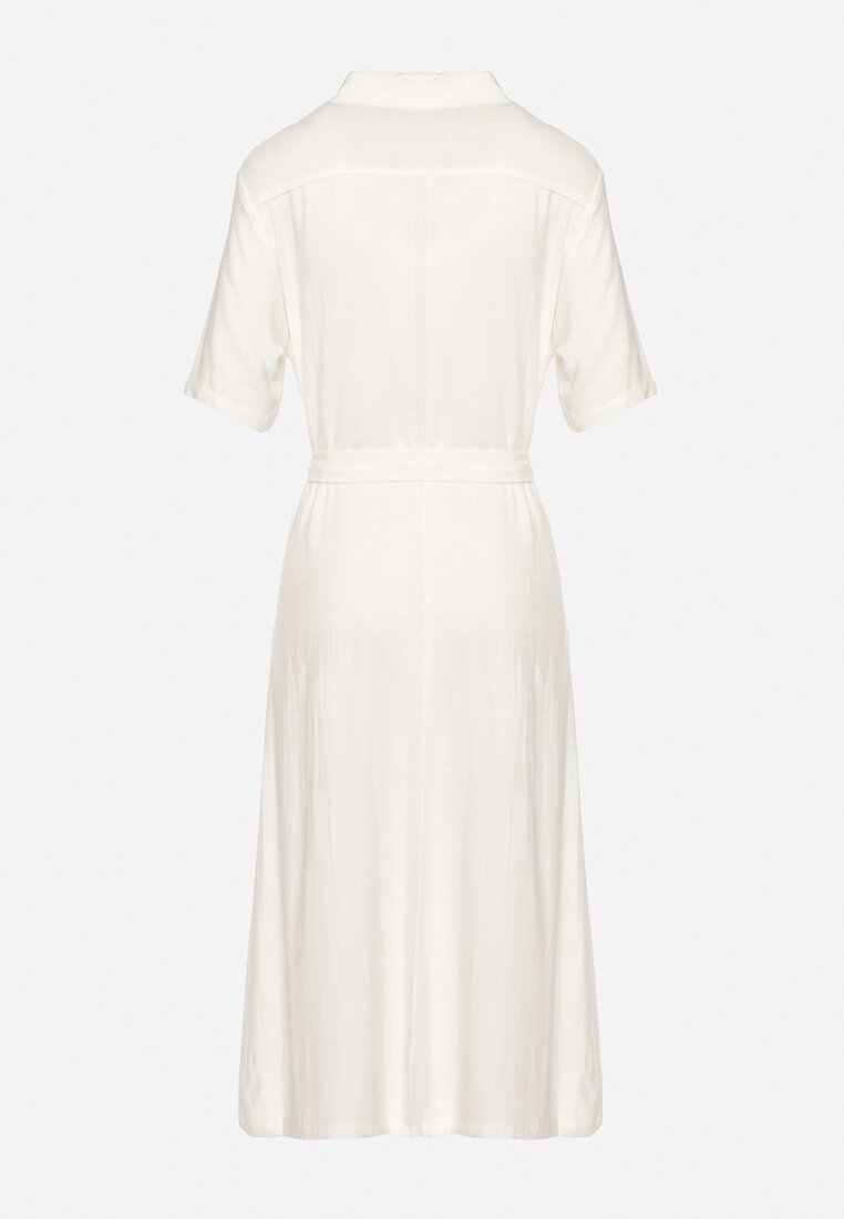 Biała Koszulowa Sukienka z Wiskozy z Lnem Zapinana na Guziki z Materiałowym Paskiem Fidilla