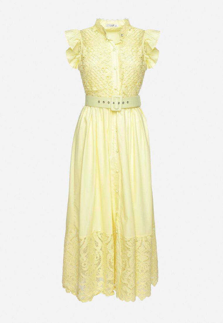 Żółta Sukienka Ażurowa o Koszulowym Kroju z Paskiem z Ekoskóry Trija