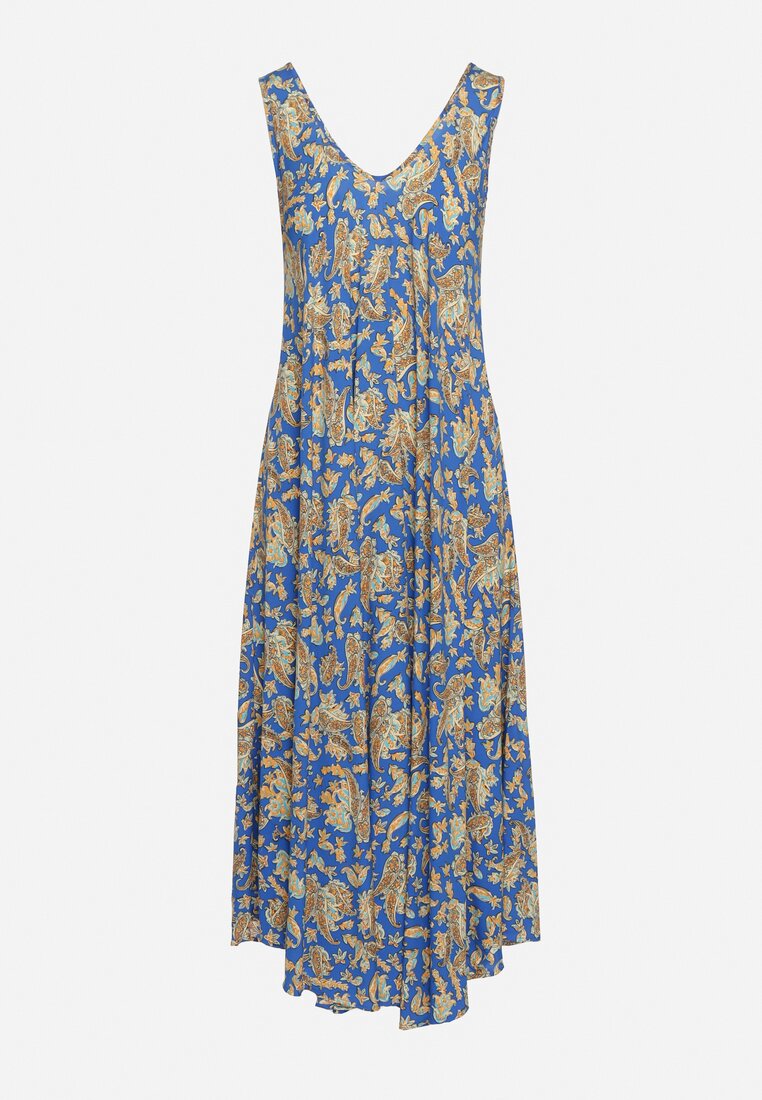 Niebieska Sukienka z Wzorem Paisley i Rozkloszowanym Dołem Biamira