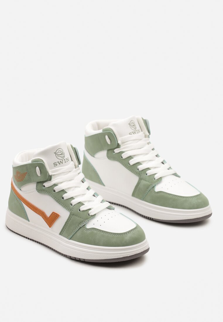 Biało-Zielone Płaskie Sneakersy za Kostkę z Ozdobnymi Przeszyciami Moonwera