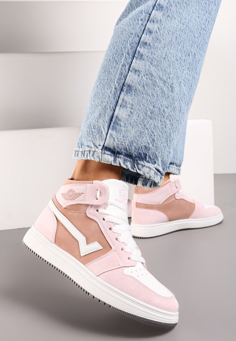 Różowo-Białe Płaskie Sneakersy za Kostkę z Ozdobnymi Przeszyciami Moonwera