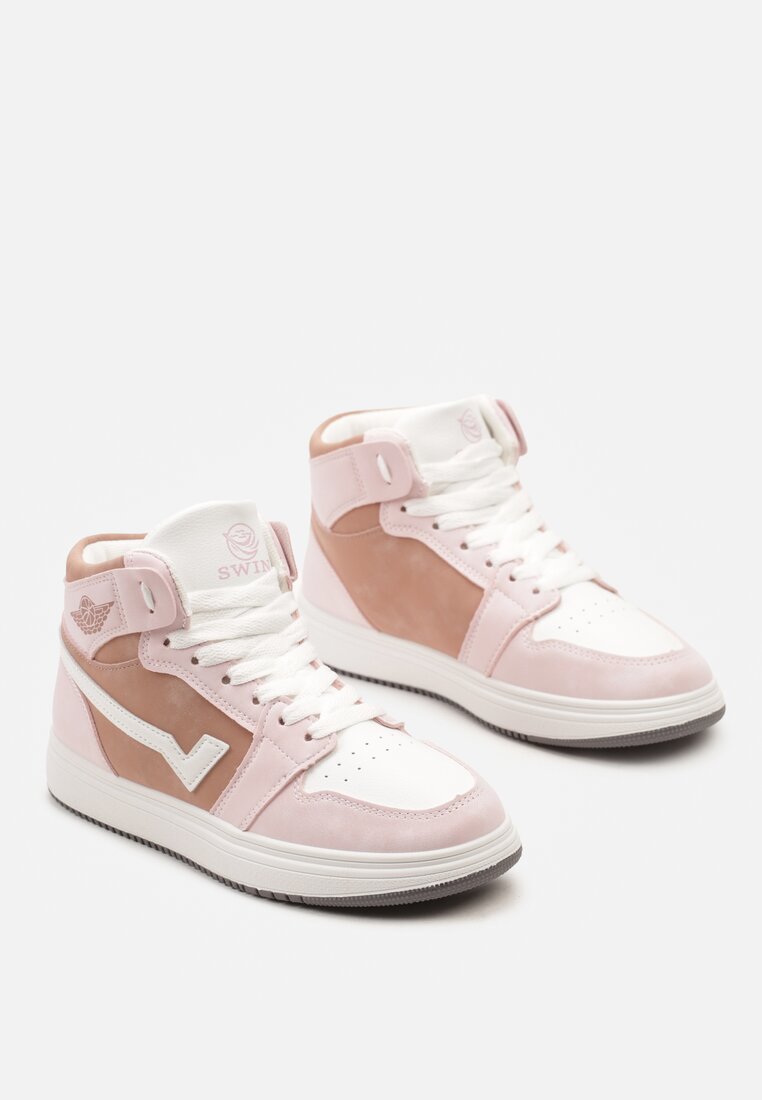 Różowo-Białe Płaskie Sneakersy za Kostkę z Ozdobnymi Przeszyciami Moonwera